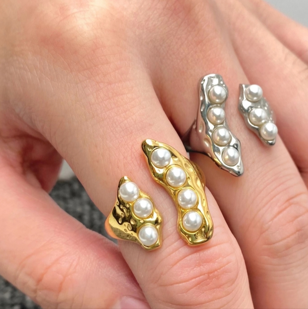 #541🛑22  Boho Inlaid Pearl 18K Gold Plated Stainless Steel Geometric Ring